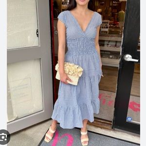 Felicite Smocked Cotton Midi Dress Blue Stripe size 2